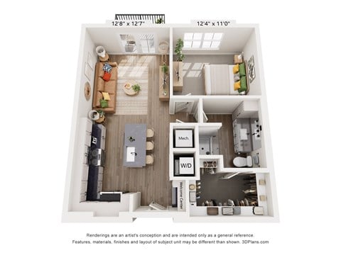 Floor plan for 1 bed, 1 bath, 713 sqft
